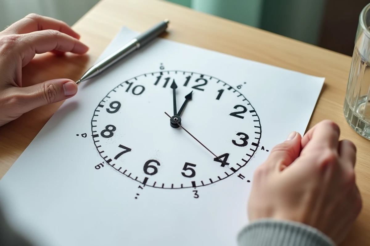 Gros plan sur un dessin d'horloge réalisé par un patient âgé en EHPAD, illustrant les erreurs cognitives détectées lors du test