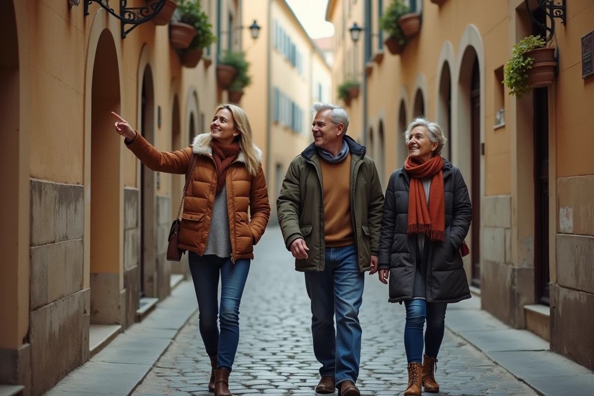 Groupe d'adultes se promenant ensemble dans les traboules du Vieux-Lyon, découvrant l'architecture Renaissance dans une ambiance conviviale et apaisante
