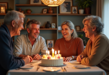 2025 : Anniversaire, origine et significations des événements marquants Groupe d'amis célébrant un anniversaire dans un salon chaleureux