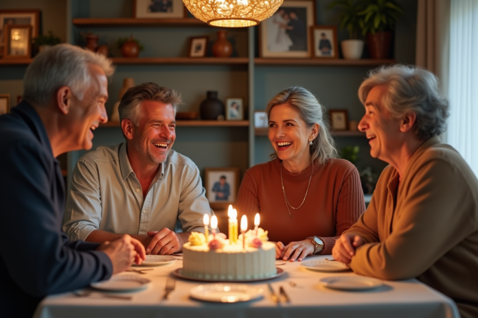 Groupe d'amis célébrant un anniversaire dans un salon chaleureux