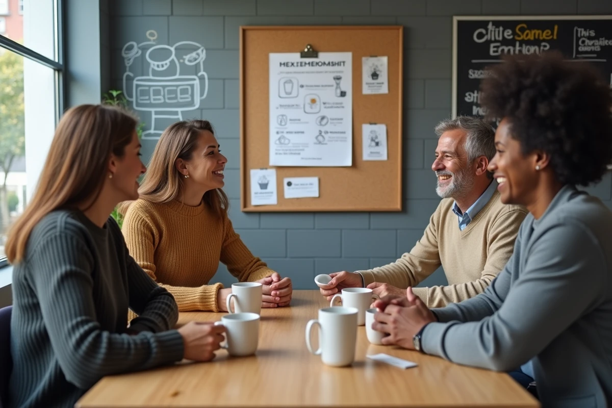 Groupe de collègues riant autour de citations humoristiques sur la retraite affichées dans une salle de pause de bureau
