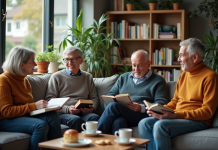 Groupe de personnes lisant et discutant dans un salon moderne