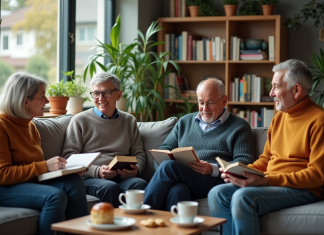 Groupe de personnes lisant et discutant dans un salon moderne