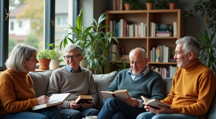 Groupe de personnes lisant et discutant dans un salon moderne