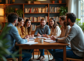 Groupe d'adultes divers discutant dans un salon chaleureux