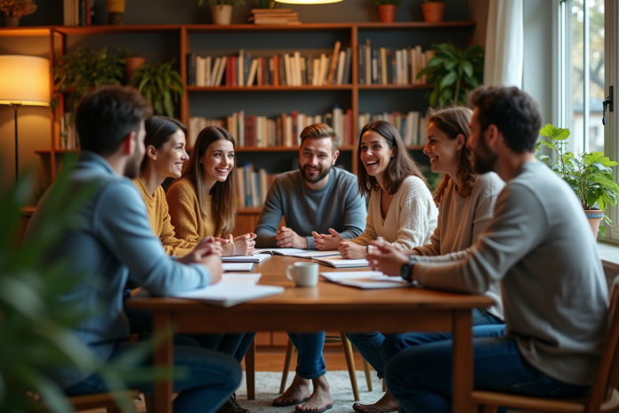 groupe-discussion-cosy-salon Groupe d'adultes divers discutant dans un salon chaleureux
