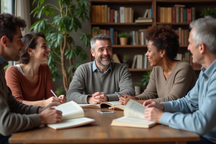 Groupe de personnes discutant de livres dans un salon chaleureux