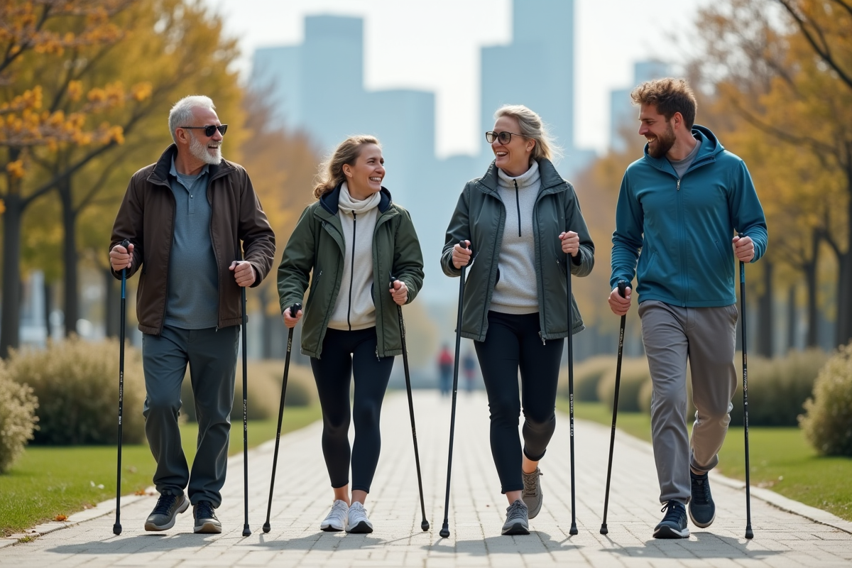 Groupe d adultes marchant nordic dans un parc urbain