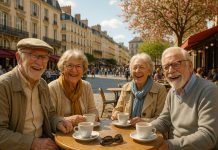 Groupe de seniors souriants profitant d'un café en ville