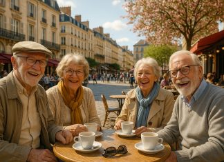Panorama des villes françaises les plus prisées par les seniors Groupe de seniors souriants profitant d'un café en ville