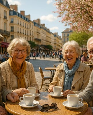 Groupe de seniors souriants profitant d'un café en ville