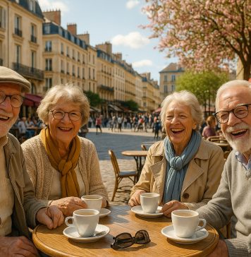 Groupe de seniors souriants profitant d'un café en ville