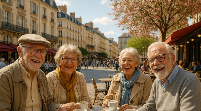 Groupe de seniors souriants profitant d'un café en ville
