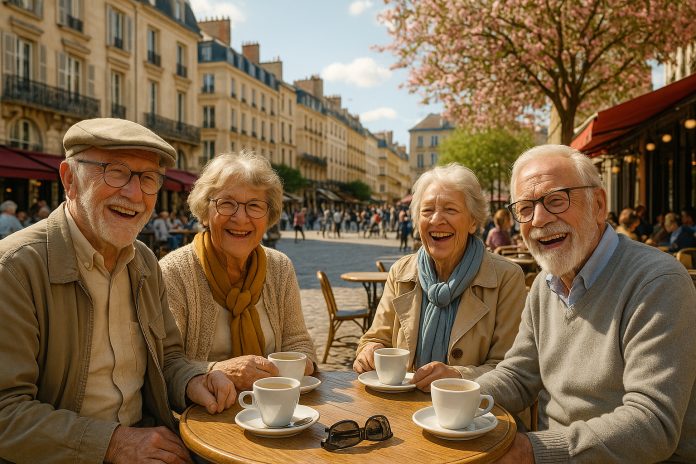 groupe-seniors-cafe-ville Groupe de seniors souriants profitant d'un café en ville