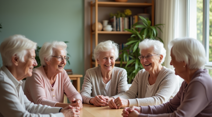 Groupe de seniors jouant à un jeu de société dans une salle chaleureuse