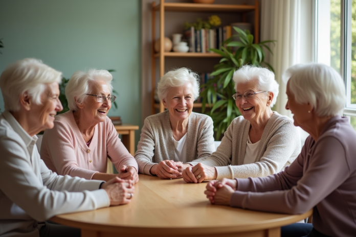 groupe-seniors-jeu-de-societe Groupe de seniors jouant à un jeu de société dans une salle chaleureuse