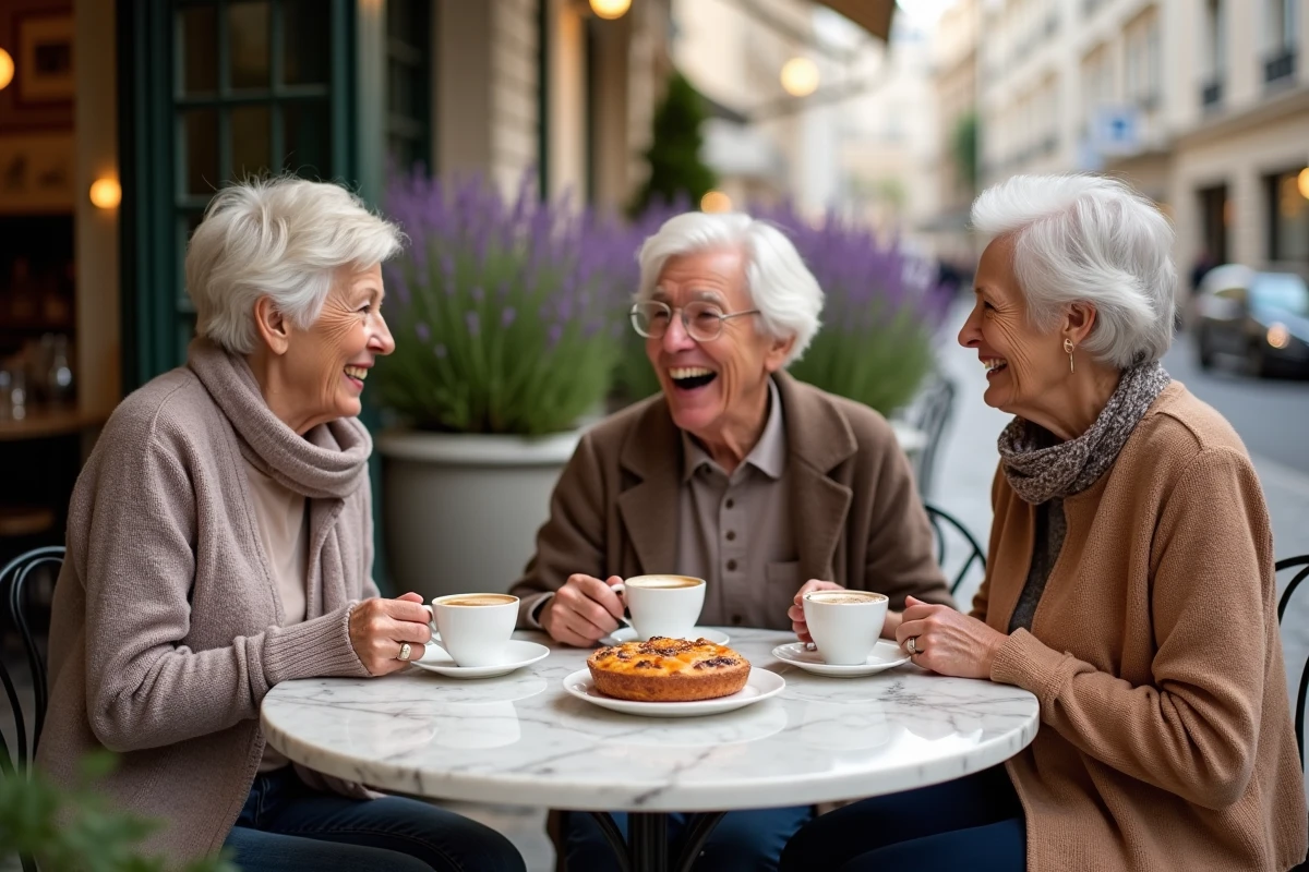 Groupe de seniors profitant d'un moment convivial en terrasse à Paris, autour d'un café et d'une tarte, illustrant les sorties organisées pour retraités