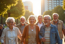 Groupe de personnes agees souriantes dans un parc ensoleille