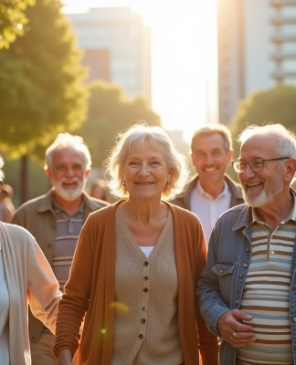Groupe de personnes agees souriantes dans un parc ensoleille