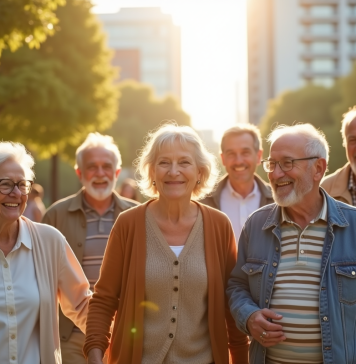 Groupe de personnes agees souriantes dans un parc ensoleille