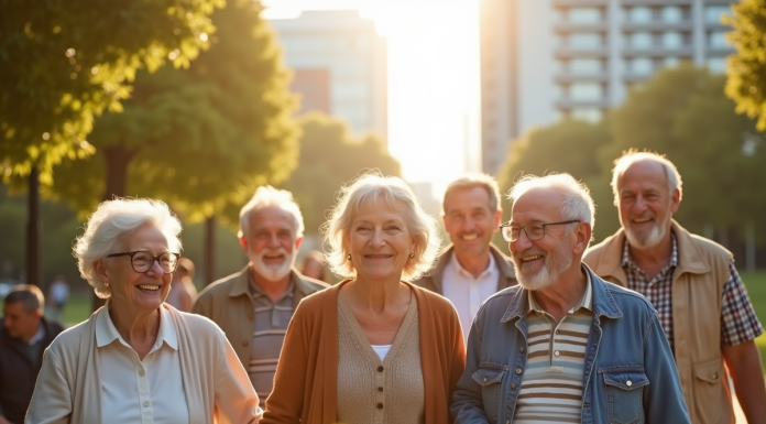Groupe de personnes agees souriantes dans un parc ensoleille