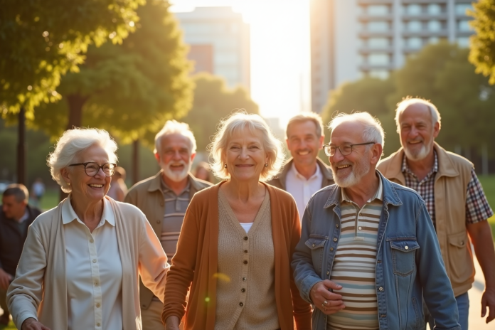 Groupe de personnes agees souriantes dans un parc ensoleille