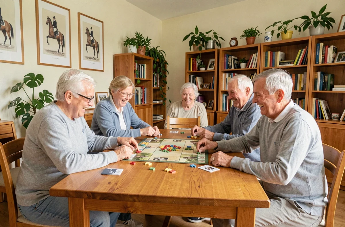 Groupe de seniors jouant à un jeu de société à la résidence Happy Senior Cavaliers à Compiègne