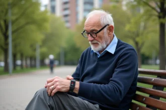 Homme âgé regardant son bracelet médical dans un parc