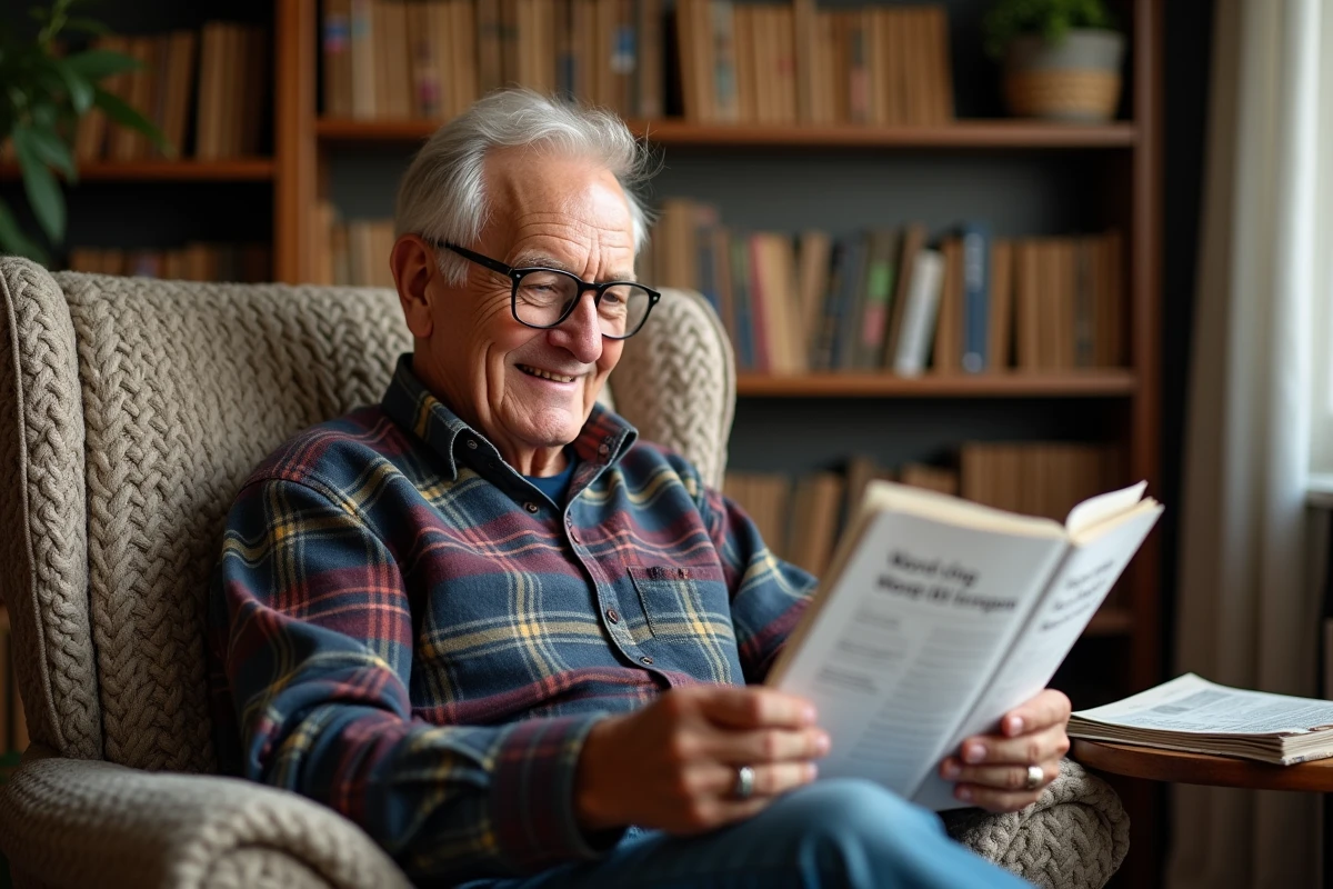 Homme âgé lisant un cahier de mots mêlés grand format dans un fauteuil confortable