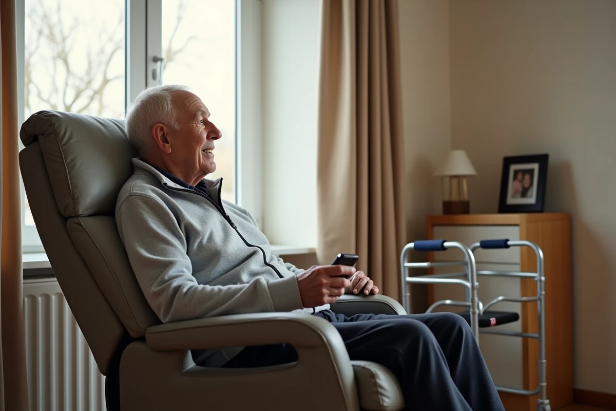 Homme âgé assis dans un fauteuil releveur motorisé en maison de retraite, tenant la télécommande, évoquant le remboursement par la Sécurité sociale pour handicap reconnu