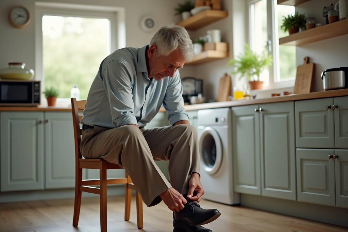 Homme d age moyen qui attache ses chaussures dans la cuisine