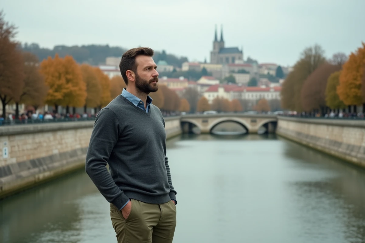 Homme d'une quarantaine d'années debout au bord de la Saône à Lyon, regard pensif vers le fleuve avec la basilique de Fourvière visible en arrière-plan