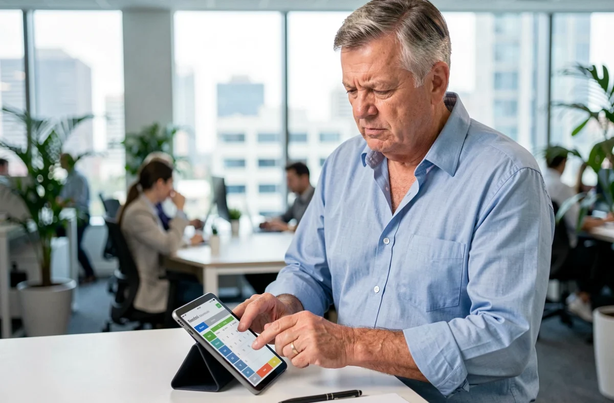 Homme d'une soixantaine d'années utilisant une tablette pour simuler ses trimestres de retraite dans un bureau moderne