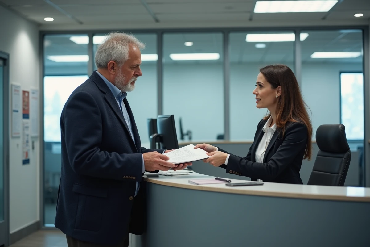Homme retraité remettant des documents à une conseillère dans un organisme de retraite complémentaire
