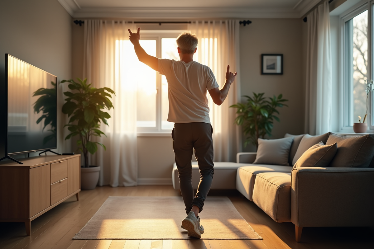 Homme suivant une routine de danse devant la tv au matin