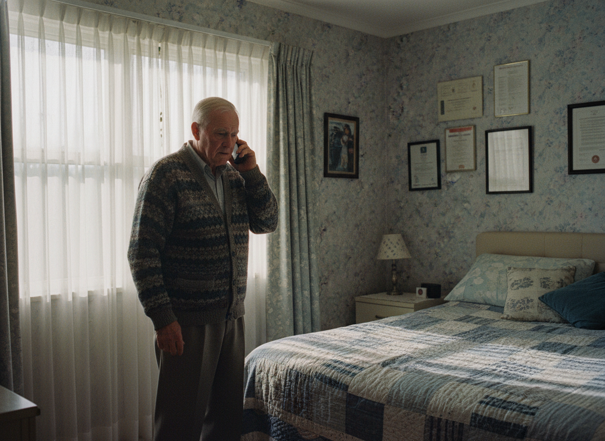 Homme âgé faisant un appel dans une chambre lumineuse