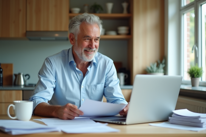 Homme d'une soixantaine lisant des papiers dans la cuisine