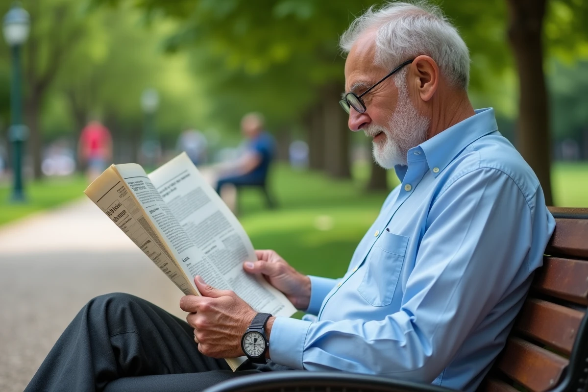 Homme âgé lisant un journal sur un banc dans un parc