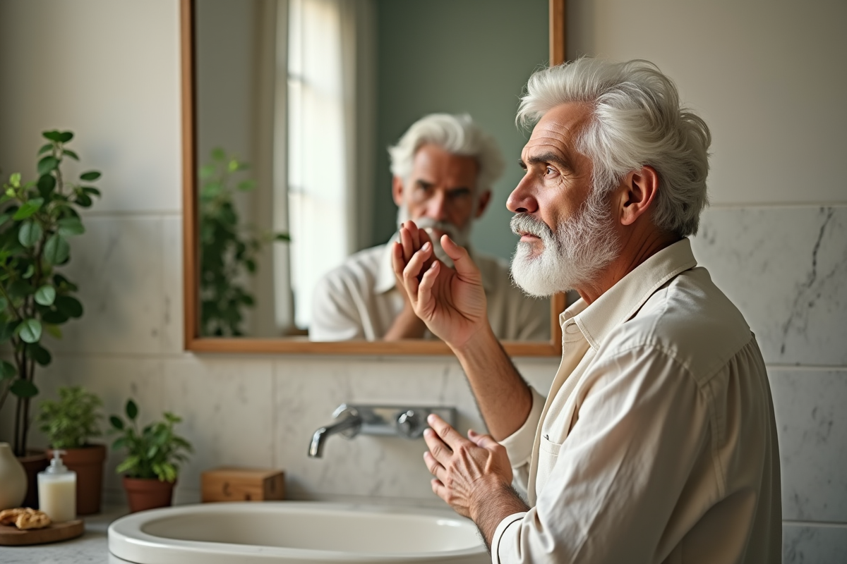 Homme mature appliquant un masque capillaire dans la salle de bain
