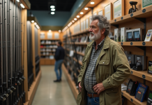 Taille idéale pour une canne à pêche : comment la choisir efficacement ? Homme d'âge moyen compare des rouleaux de pêche dans un magasin