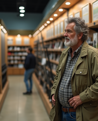 Homme d'âge moyen compare des rouleaux de pêche dans un magasin