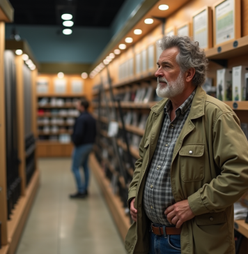 Taille idéale pour une canne à pêche : comment la choisir efficacement ? Homme d'âge moyen compare des rouleaux de pêche dans un magasin