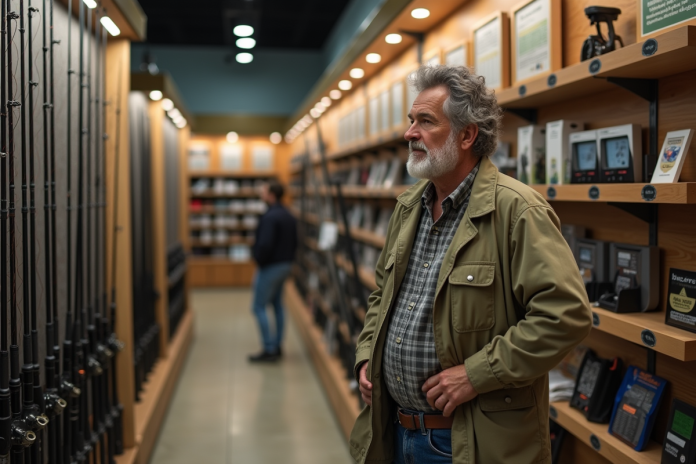 homme-pecheur-compare-rouleaux Homme d'âge moyen compare des rouleaux de pêche dans un magasin