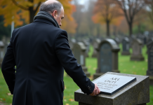 Plaque funéraire : Qui peut en poser sur une tombe ? Qui a le droit ? Homme déposé une plaque funéraire sur une tombe dans un cimetière