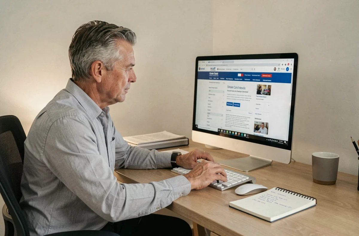 Homme retraité consultant son espace personnel Agirc Arrco sur un ordinateur de bureau dans un bureau à domicile