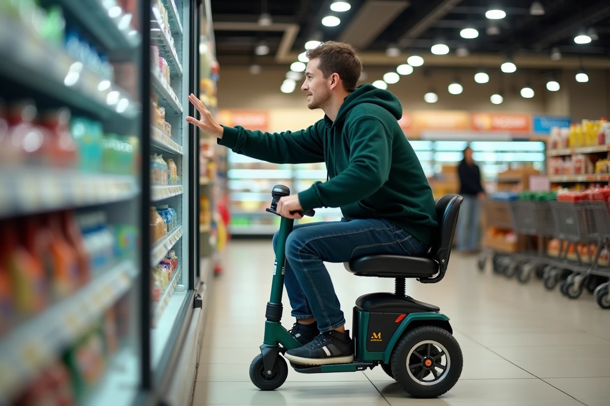 Jeune homme handicapé utilisant un scooter électrique PMR compact pour faire ses courses en supermarché de façon autonome