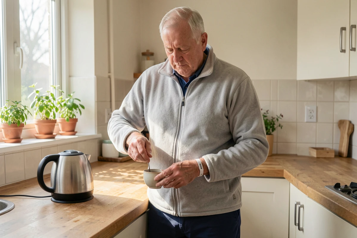 Homme senior autonome dans sa cuisine avec un bracelet anti-chute discret au poignet