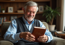 Dix idées de cadeaux personnalisés pour un homme de 60 ans Homme senior souriant avec un livre personnalisé en main
