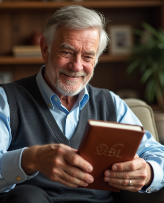 Homme senior souriant avec un livre personnalisé en main