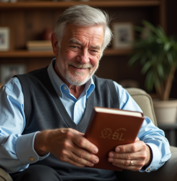 Dix idées de cadeaux personnalisés pour un homme de 60 ans Homme senior souriant avec un livre personnalisé en main